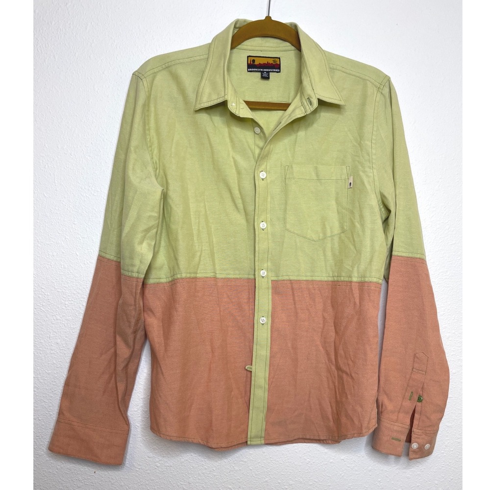 Brooklyn Industries Mens Shirt Colorblock Button Down Long Sleeve M Green Pink